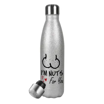 I'm Nuts for you, Metallic Glitter Silver Thermos Flask (Stainless steel), double-walled, 500ml