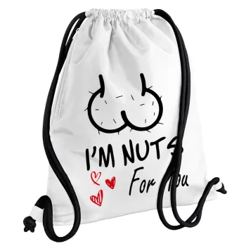 I'm Nuts for you, Backpack pouch GYMBAG white, with pocket (40x48cm) & thick cords