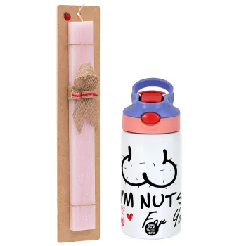 I'm Nuts for you, Easter Set, Children's thermal stainless steel water bottle with safety straw, pink/purple (350ml) & Easter scented flat candle (30cm) (PINK)