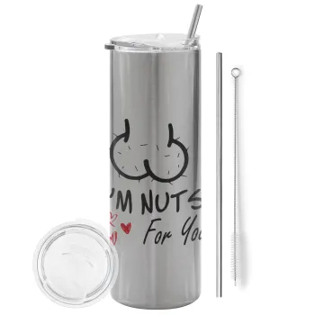 I'm Nuts for you, Tumbler ποτήρι θερμό Ασημένιο από ανοξείδωτο ατσάλι 600ml, με μεταλλικό καλαμάκι & βούρτσα καθαρισμού