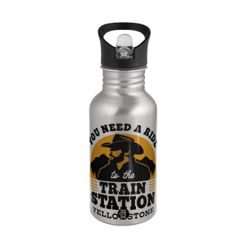 You need a ride to the train station, Water bottle Silver with straw, stainless steel 500ml