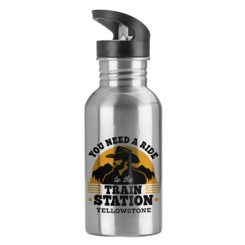 You need a ride to the train station, Water bottle Silver with straw, stainless steel 600ml