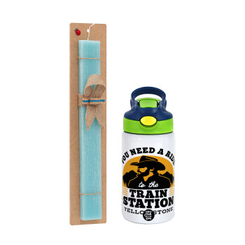 You need a ride to the train station, Easter Set, Children's thermal stainless steel bottle with safety straw, green/blue (350ml) & aromatic flat Easter candle (30cm) (TURQUOISE)