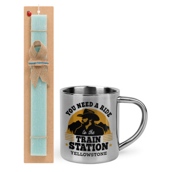 You need a ride to the train station, Easter Set, metallic thermal cup (300ml) & aromatic flat Easter candle (30cm) (TURQUOISE)