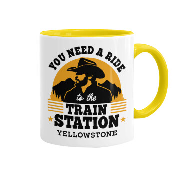 You need a ride to the train station, Mug colored yellow, ceramic, 330ml