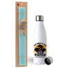 Easter Set, metallic stainless steel water bottle (750ml) & aromatic flat Easter candle (30cm) (TURQUOISE)