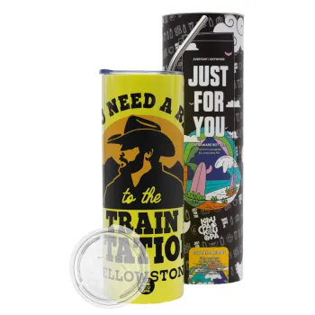 You need a ride to the train station, Neon Yellow Travel Tumbler θερμό, μεταλλικό καλαμάκι(Ανωξείδωτο 304 Food grade, BPA free, 600ml)