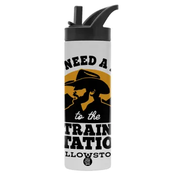 You need a ride to the train station, Μεταλλικό παγούρι θερμός με καλαμάκι & χειρολαβή, ανοξείδωτο ατσάλι (Stainless steel 304), διπλού τοιχώματος, 600ml