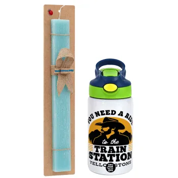 You need a ride to the train station, Easter Set, Children's thermal stainless steel bottle with safety straw, green/blue (350ml) & aromatic flat Easter candle (30cm) (TURQUOISE)