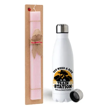 You need a ride to the train station, Easter Set, metallic stainless steel water bottle (750ml) & scented flat Easter candle (30cm) (PINK)