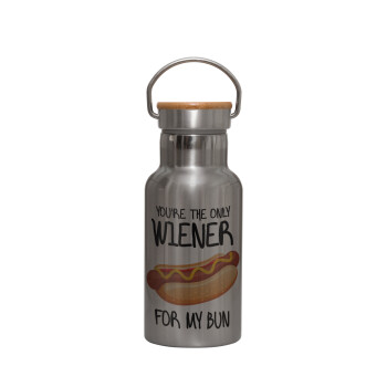You re the only wiener for my bun, Μεταλλικό παγούρι θερμός (Stainless steel) Ασημένιο με ξύλινο καπακι (bamboo), διπλού τοιχώματος, 350ml