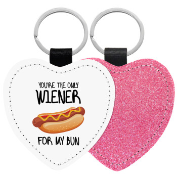 You re the only wiener for my bun, Μπρελόκ PU δερμάτινο glitter καρδιά ΡΟΖ