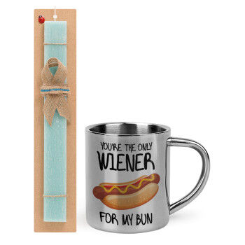 You re the only wiener for my bun, Easter Set, metallic thermal cup (300ml) & aromatic flat Easter candle (30cm) (TURQUOISE)