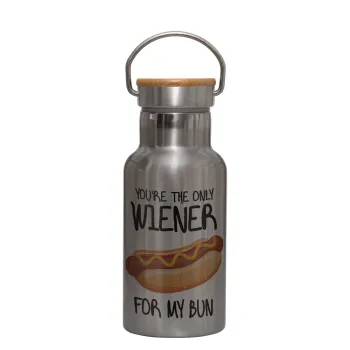 You re the only wiener for my bun, Μεταλλικό παγούρι θερμός (Stainless steel) Ασημένιο με ξύλινο καπακι (bamboo), διπλού τοιχώματος, 350ml