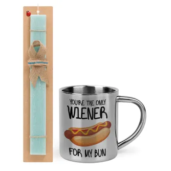 You re the only wiener for my bun, Easter Set, metallic thermal cup (300ml) & aromatic flat Easter candle (30cm) (TURQUOISE)