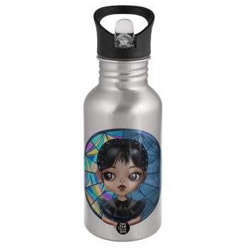 Wednesday big eyes, Water bottle Silver with straw, stainless steel 500ml