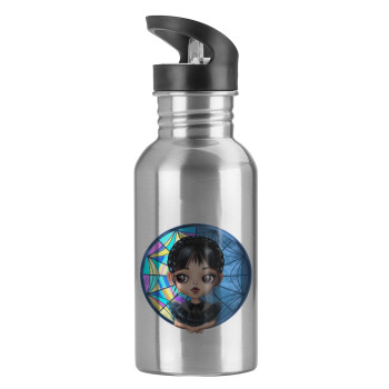 Wednesday big eyes, Water bottle Silver with straw, stainless steel 600ml