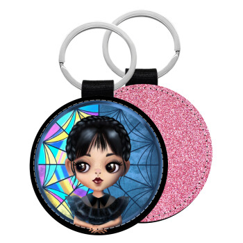 Wednesday big eyes, Μπρελόκ Δερματίνη, στρογγυλό ΡΟΖ (5cm)