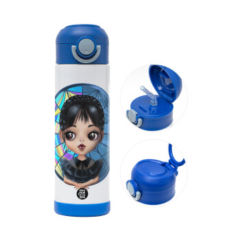 Wednesday big eyes, Children's hot water bottle, stainless steel, with safety straw, BLUE (500ml)
