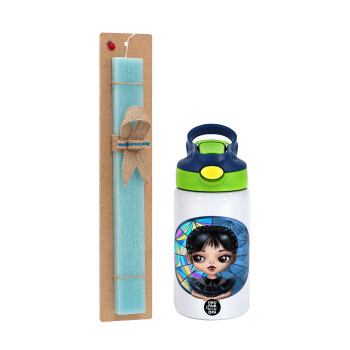 Wednesday big eyes, Easter Set, Children's thermal stainless steel bottle with safety straw, green/blue (350ml) & aromatic flat Easter candle (30cm) (TURQUOISE)