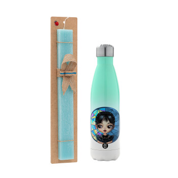 Wednesday big eyes, Easter Set, Metallic green/white thermos (Stainless steel), double-walled, 500ml & scented flat Easter candle (30cm) (TURQUOISE)