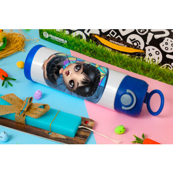 Wednesday big eyes, Easter candle, Childrens hot water bottle, stainless steel, with safety straw, BLUE (500ml)