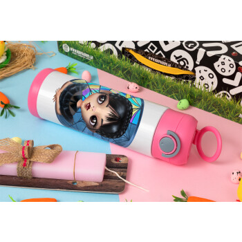 Wednesday big eyes, Easter candle, Childrens hot water bottle, stainless steel, with safety straw, PINK (500ml)