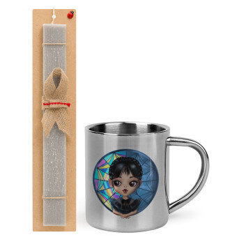 Wednesday big eyes, Easter Set, metallic thermal cup (300ml) & Easter aromatic flat candle (30cm) (GRAY)