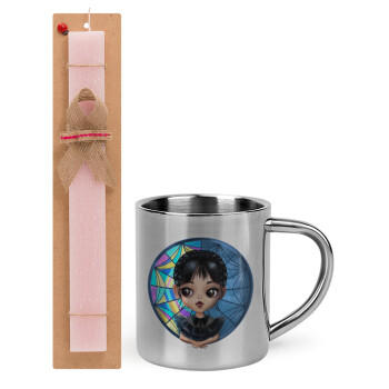 Wednesday big eyes, Easter Set, metallic thermal cup (300ml) & aromatic flat Easter candle (30cm) (PINK)