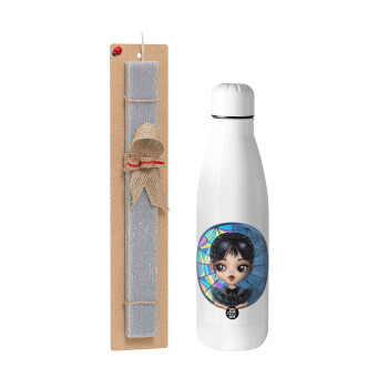 Wednesday big eyes, Easter Set, metallic stainless thermos bottle (500ml) & scented flat Easter candle (30cm) (GRAY)