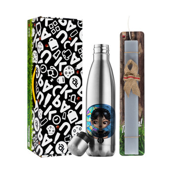 Wednesday big eyes, Easter Set, metallic stainless thermos flask (500ml) & scented flat Easter candle (30cm) (GRAY)