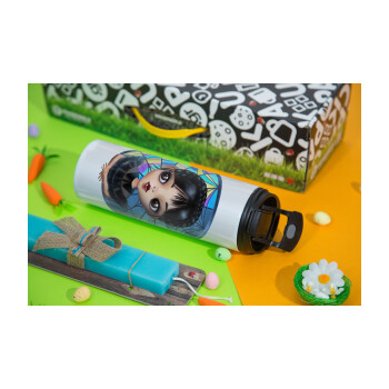 Wednesday big eyes, Easter candle,Travel Tumbler 2 Lids, with metal straw & cleaning brush & aromatic flat candle (30cm) (BLUE)