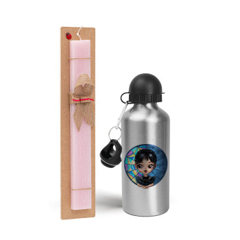 Wednesday big eyes, Easter Set, metallic Silver aluminum water bottle (500ml) & scented flat Easter candle (30cm) (PINK)