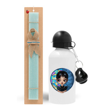 Wednesday big eyes, Easter Set, metallic aluminum water bottle (500ml) & scented flat candle (30cm) (TURQUOISE)
