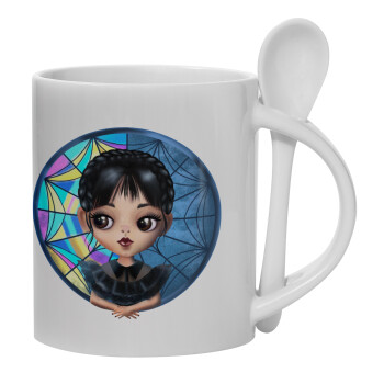 Wednesday big eyes, Ceramic coffee mug with Spoon, 330ml (1pcs)