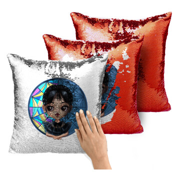 Wednesday big eyes, Μαξιλάρι καναπέ Μαγικό Κόκκινο με πούλιες 40x40cm περιέχεται το γέμισμα