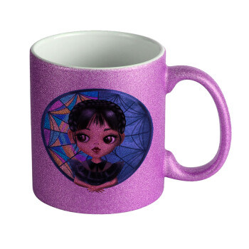Wednesday big eyes, Κούπα Μωβ Glitter που γυαλίζει, κεραμική, 330ml