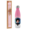 Easter Set, Metallic pink/white (Stainless steel) thermos, double-walled, 500ml & aromatic flat Easter candle (30cm) (PINK)