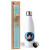 Easter Set, metallic stainless steel water bottle (750ml) & aromatic flat Easter candle (30cm) (TURQUOISE)