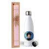 Easter Set, metallic stainless steel water bottle (750ml) & scented flat Easter candle (30cm) (PINK)