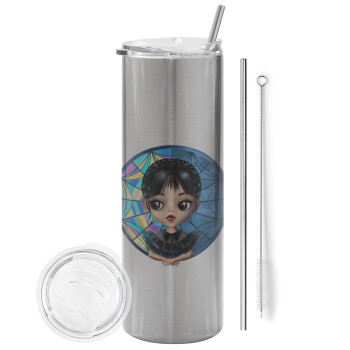 Wednesday big eyes, Eco friendly stainless steel Silver tumbler 600ml, with metal straw & cleaning brush