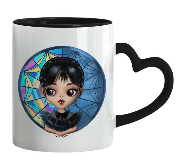 Wednesday big eyes — Mug heart black handle, ceramic, 330ml