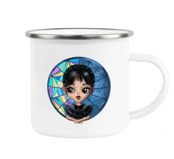 Wednesday big eyes — Metallic enamel cup white 360ml