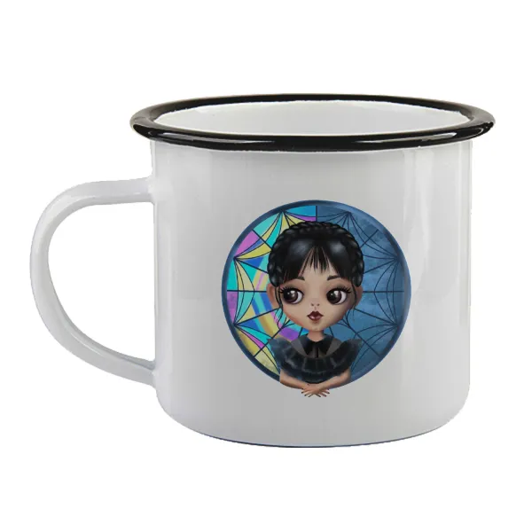 Wednesday big eyes — Enamel mug with black rim, 360ml