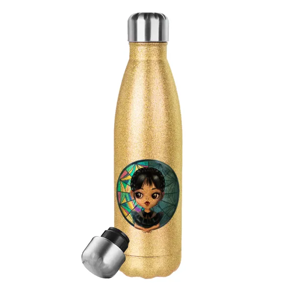 Wednesday big eyes — Glitter gold stainless steel thermos bottle, double-walled, 500ml