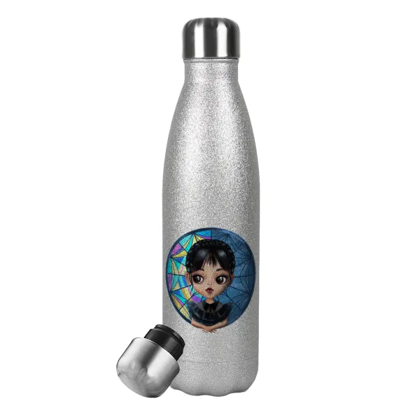 Wednesday big eyes — Metallic Glitter Silver Thermos Flask (Stainless steel), double-walled, 500ml