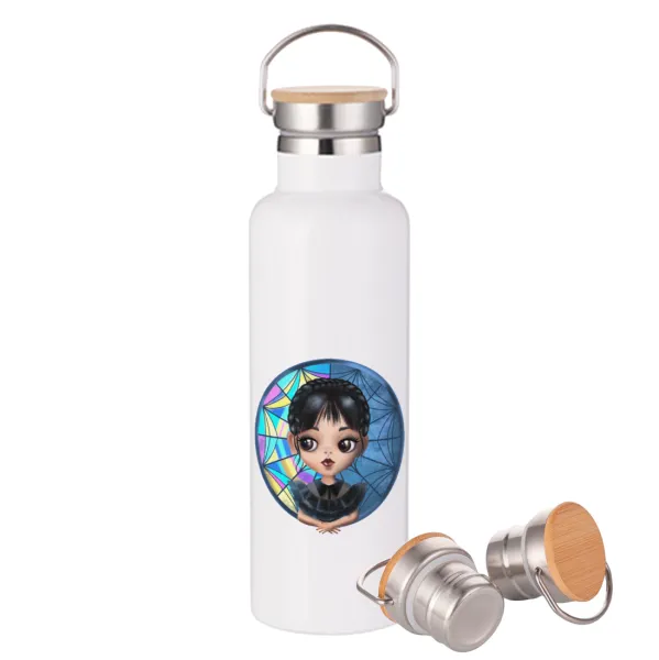 Wednesday big eyes — Μεταλλικό παγούρι θερμός (Stainless steel) Λευκό με ξύλινο καπάκι (bamboo), διπλού τοιχώματος, 750ml