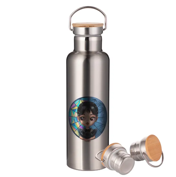 Wednesday big eyes — Stainless steel Silver with wooden lid (bamboo), double wall, 750ml