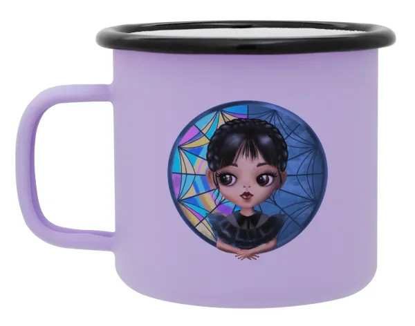 Wednesday big eyes — Metal enamel mug, matte light pastel purple, 360ml