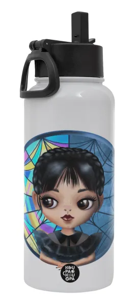 Wednesday big eyes — Metal mug thermo White with Straw and Spout Lid (Stainless steel), double wall, 950ml